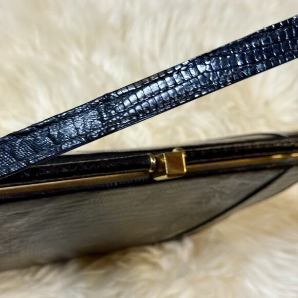 Vintage 50s 60s Black Lizard Top-handle Structured Purse Luxury Handbag MCM Glam - Picture 14 of 16